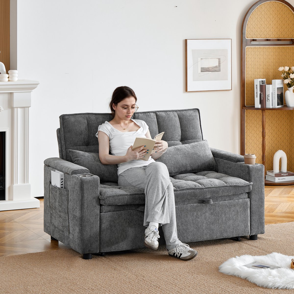 OKWISH Slaapbank 142 Cm - Drie Functies Met Ligfunctie, Opbergruimte En Bekerhouders - Woonkamer En Logees - Chenille - Grijs