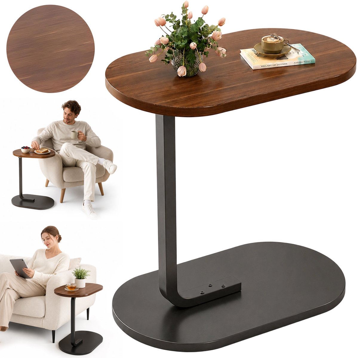 WUVRIE C-vormige bijzettafel 63 x 30 x 45 cm voor bank en bed, walnootkleurig Zwart + Walnootbruin