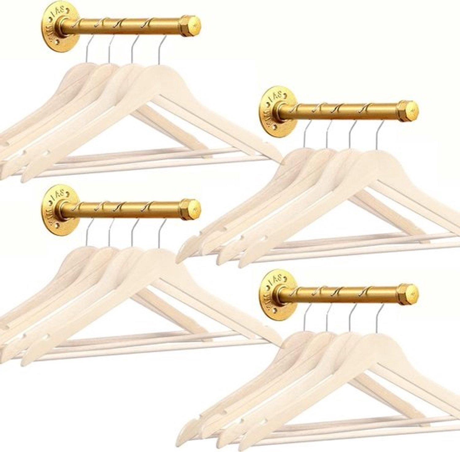Gouden Industriële Pijp Kledingroede Muurbeugel Set (4 stuks)