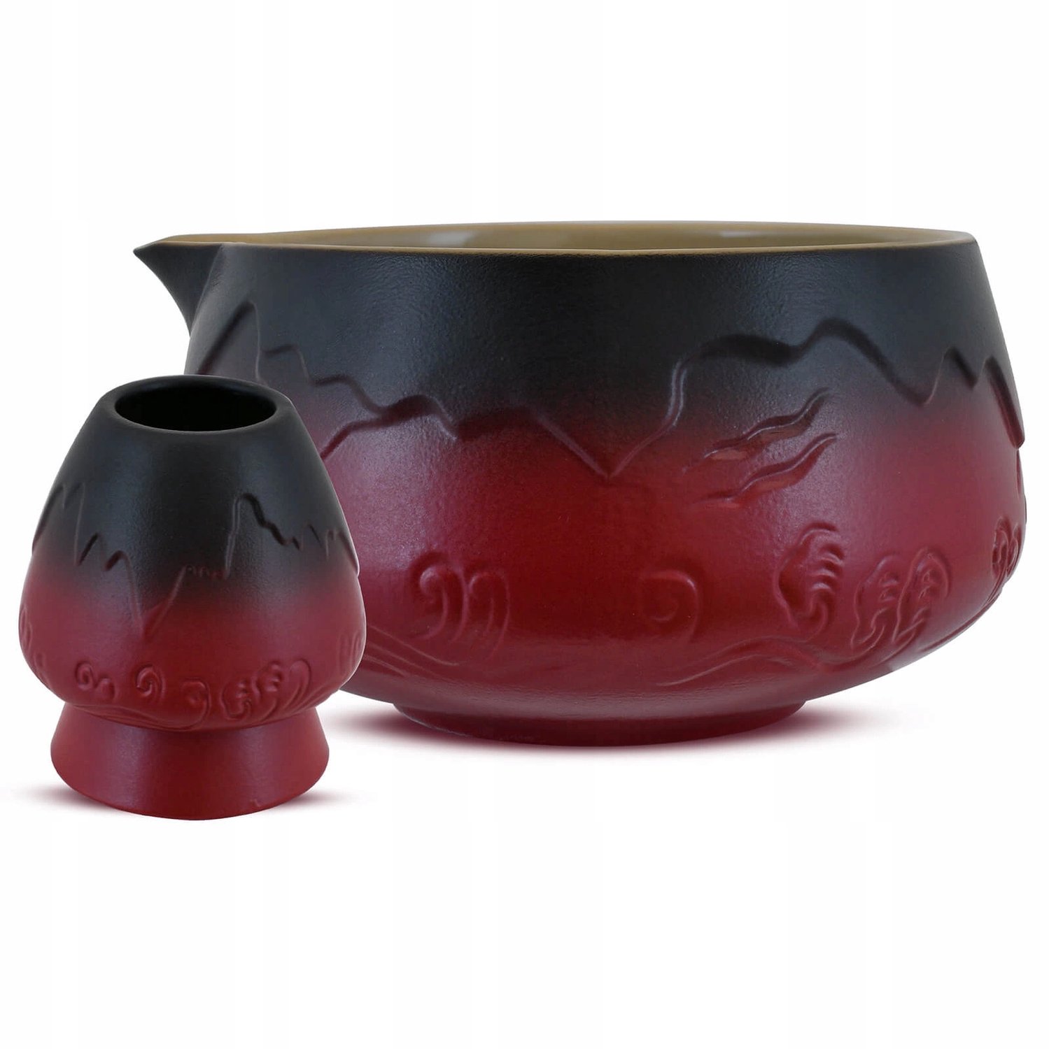 Matcha theeset: Matchawan kom & Chasen houder, keramiek rood