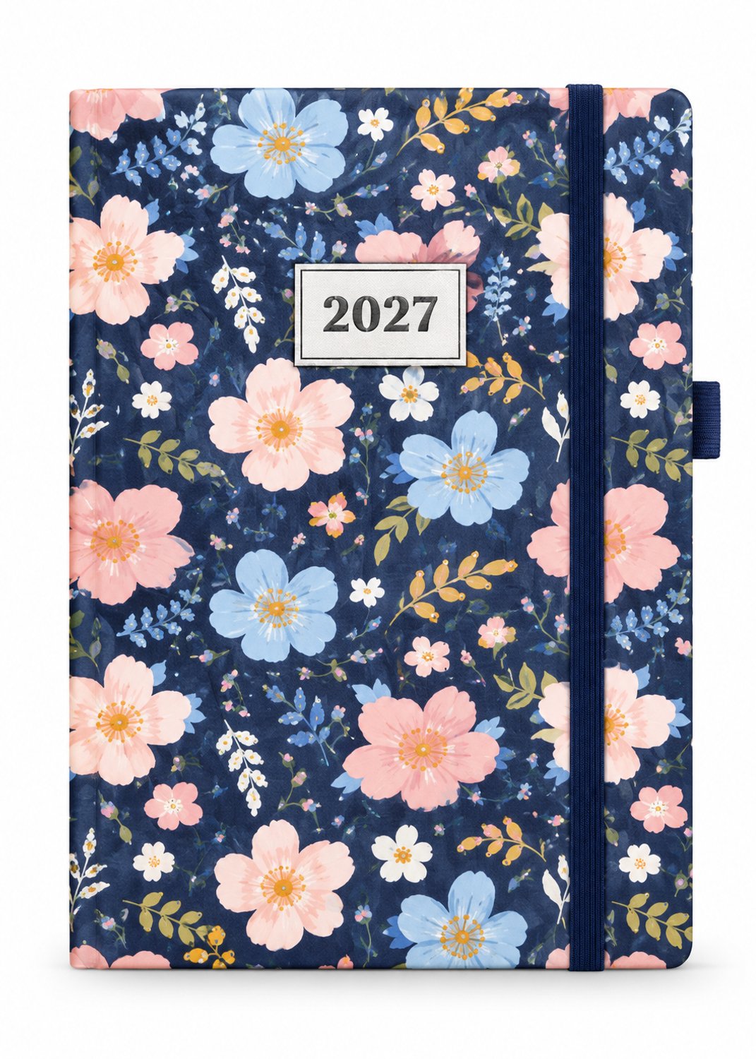 Weekagenda 2027 A5 – 1 week op 2 pagina’s – Harde Kaft en Elastiek Sluiting - Bloemen Donker Blauw