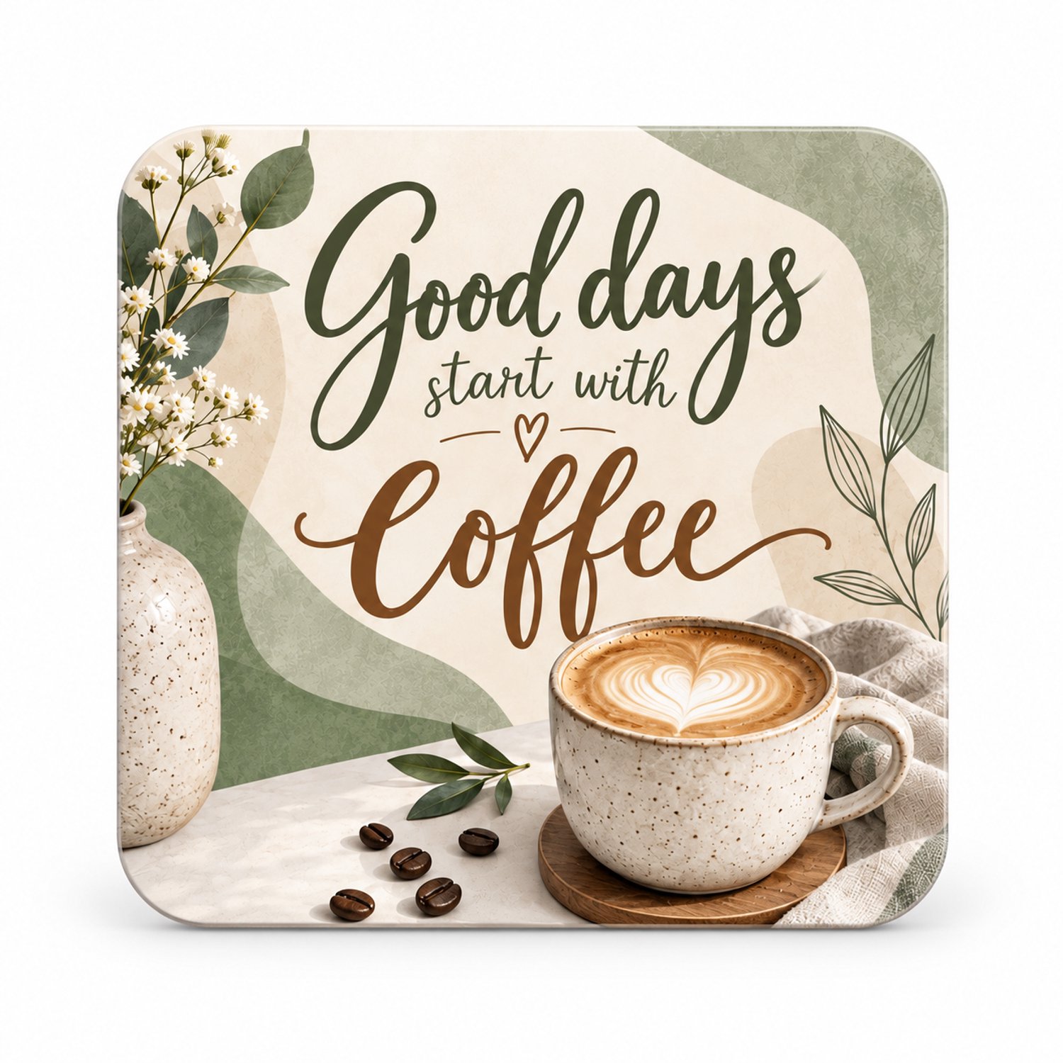 Good Days Start with Coffee MDF onderzetter 10x10cm – koffietegel in groen en beige