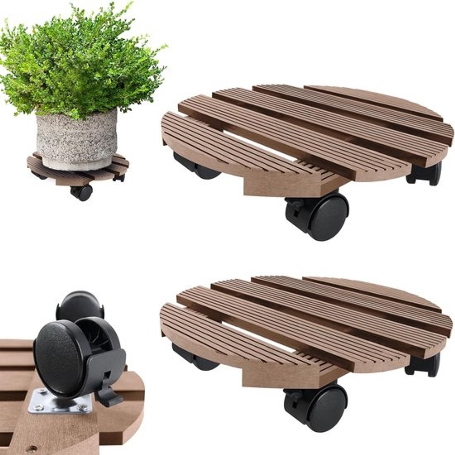 Plantenroller Set - Bloempot Onderzetter - Verplaatsen van Potten - Waterdicht WPC Materiaal - 30 cm Diameter - Bruin