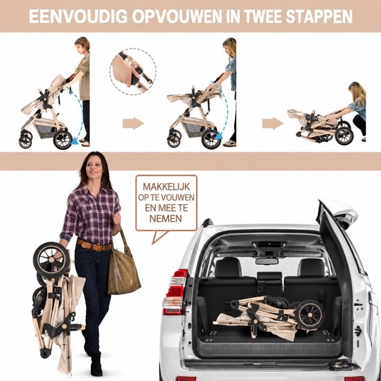 G&G kinderwagen - 3 in 1 - Wandelwagen - Reiswieg - Maxi cosi - Autostoel - Inklapbaar - Regenhoes - Boodschappenmand - Beige van GG — afbeelding 5