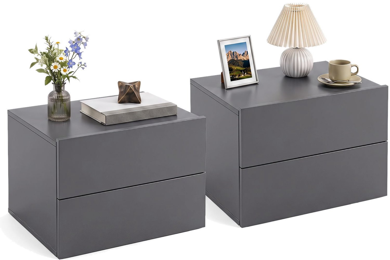 SureDeal® - Nachtkastje - Wandmontage - Lades Zwevend Hout - Slaapkamer - Woonkamer - 42x30x29 cm - Grijs