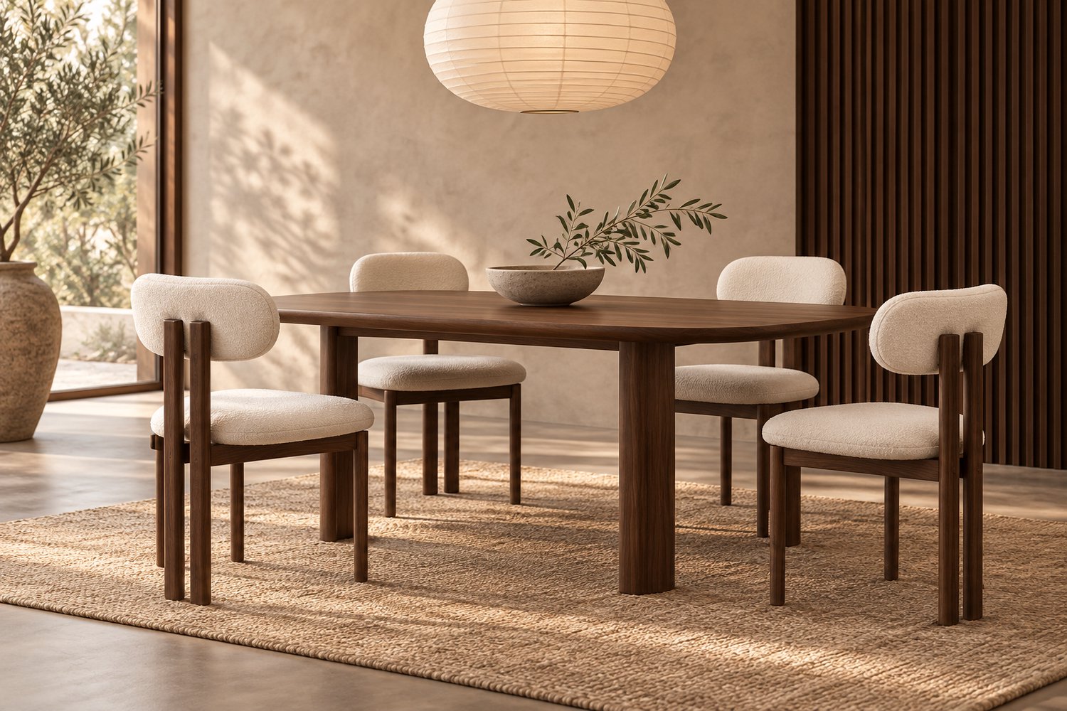 Japandi Eetkamerstoel Miyo Beige – Bouclé Eetstoel met Walnootlook Frame – Japanse Stijl Stoel met Zachte Bekleding voor Eetkamer, Woonkamer & Eettafel