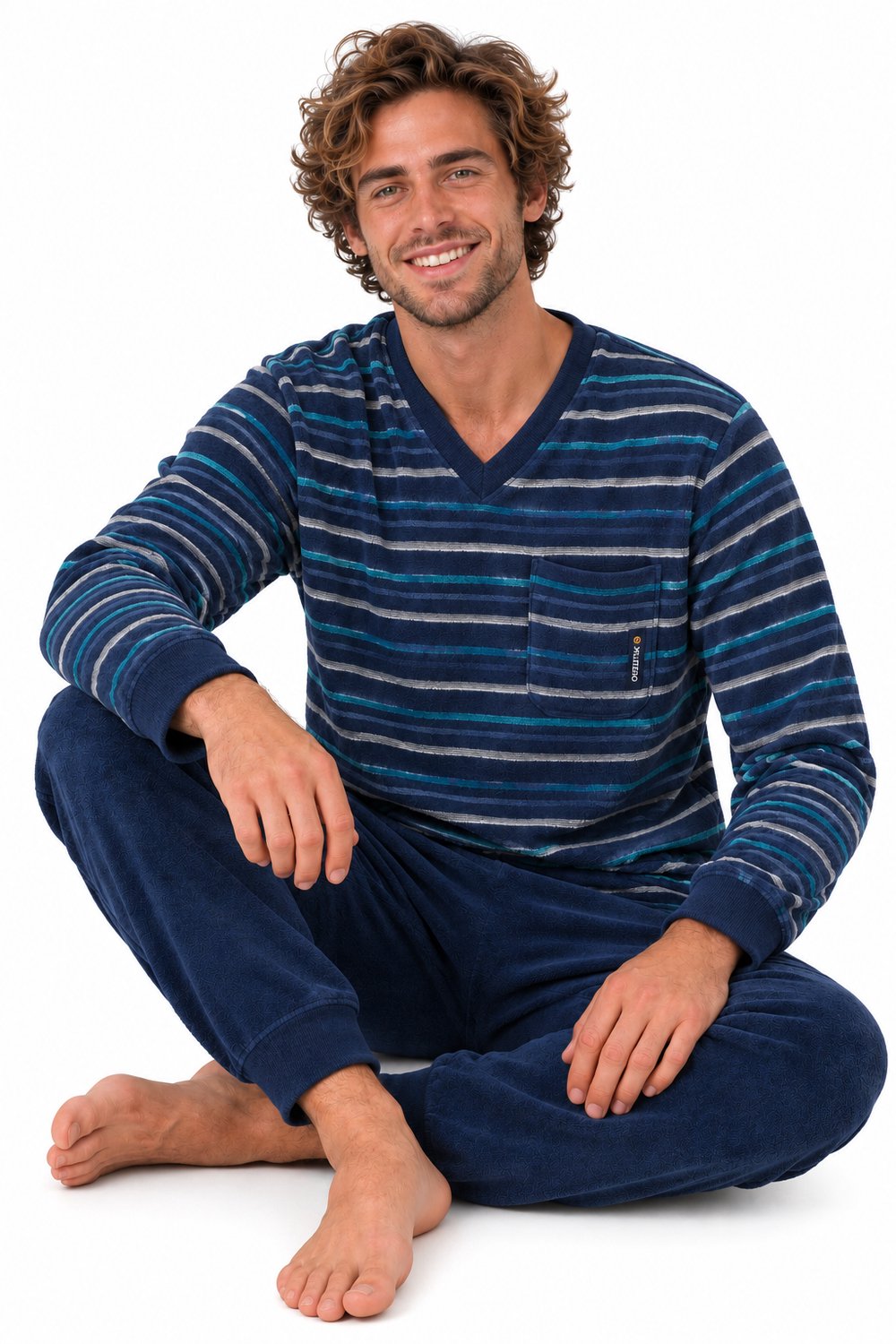 Outfitter - Badstof Heren Pyjama - Winter - Blauw Gestreept - Maat L