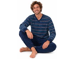 Outfitter - Badstof Heren Pyjama - Winter - Blauw Gestreept - Maat L