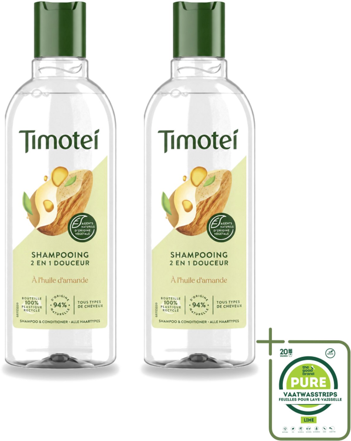 2 x Timotei - Shampoo - Amandelolie - 2in1 - Alle haartypes - 300ml - Grootverpakking - Vaatwasstrips - 2in1 Shampoo En Conditioner - Amandelolie Shampoo - Zachte Shampoo - Haarverzorging - Haardos Verzorging