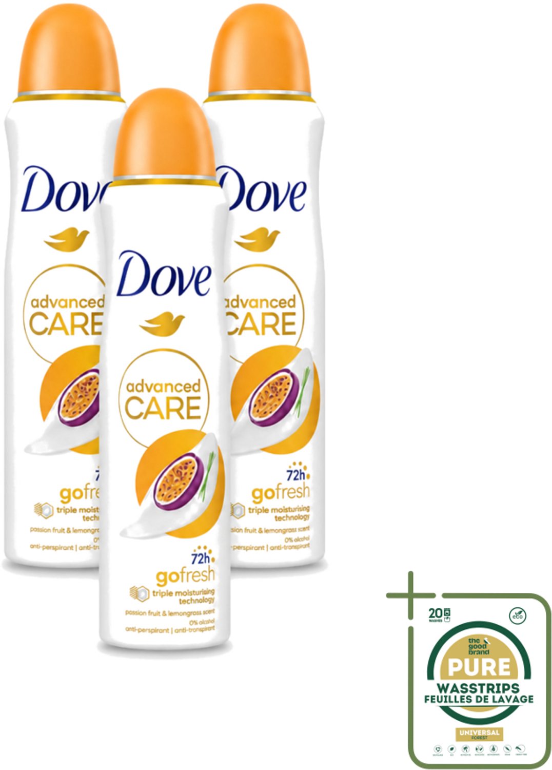 3 x Dove - Deospray - Passievrucht & Citroengras - 150 ml - Wasstrips - Passievrucht En Citroengras - Anti-transpirant - Deospray - Okselbescherming - Geur