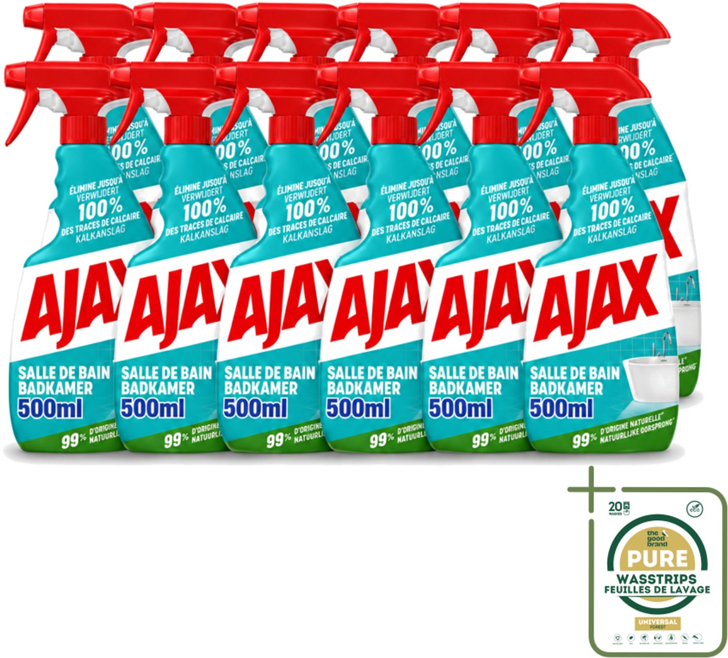 12 x Ajax – Badkamer Spray – 500 ml - Wasstrips - Badkamer Reinigen - Kalk Verwijderen - Zeepresten Verwijderen - Badkamer Schoonmaken - Anti-kalk Spray