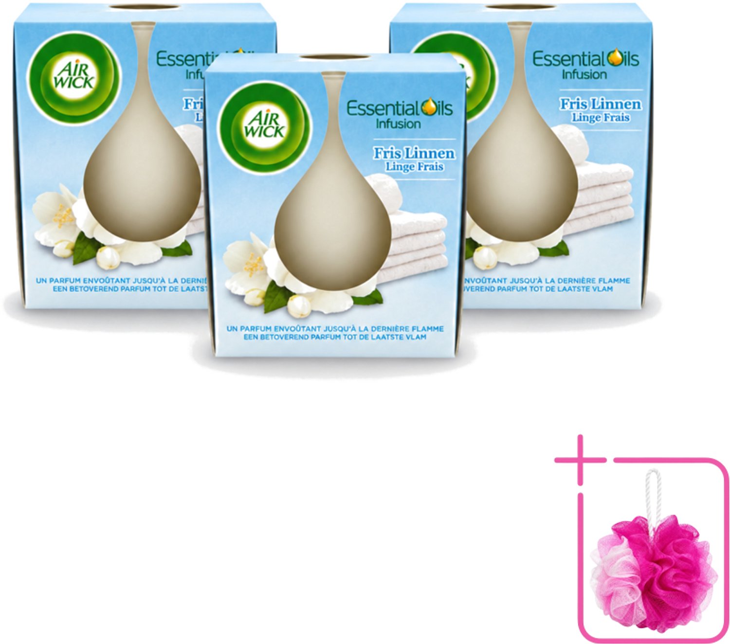 Air Wick 3 x Air Wick – Geurkaars – Fris Linnen met Essentiële Oliën – 105 g - Bulkverpakking - Geurkaars - Douchemop - Fris linnen Wit