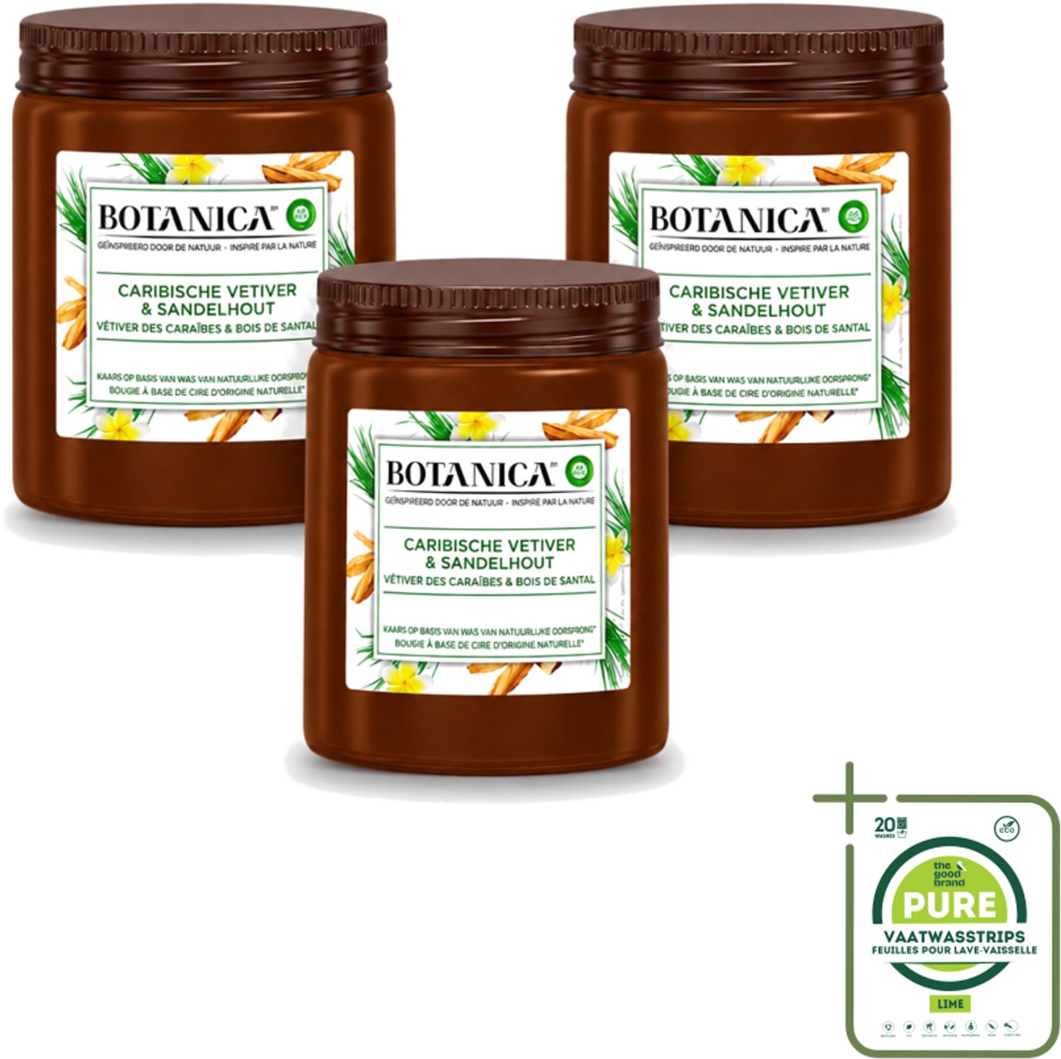 Air Wick 3 x Botanica by Air Wick - Geurkaars - Vetiver & Sandelhout - 40 Uur Brandduur - Grootverpakking - Vaatwasstrips - Geurkaars Vetiver Sandelhout - Vetiver Geur - Sandelhout Geur - Geurkaars 40 Uur - Botanica Geurkaars Bruin