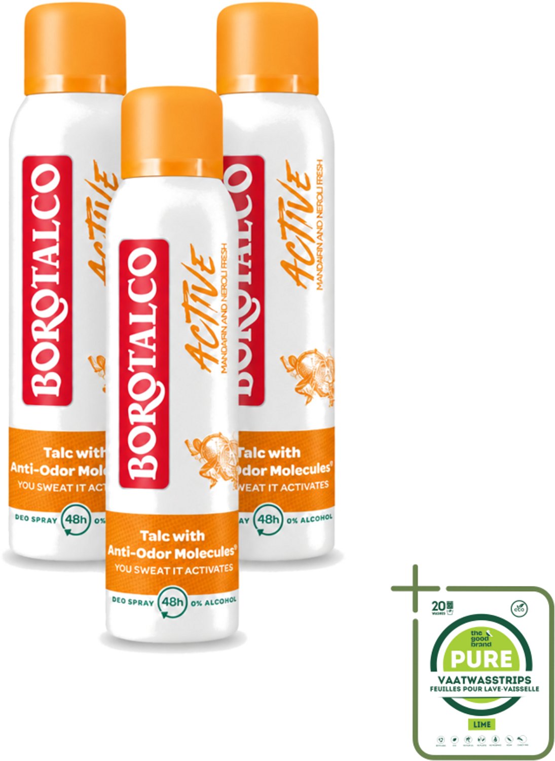 3 x Borotalco - Deodorant Spray - Active - Mandarin & Neroli Fresh - 0% Alcohol - 150 ml - Grootverpakking - Vaatwasstrips - Deodorant Spray - Mandarijn En Neroli - Geur - Transpiratie - Geurvervoeging