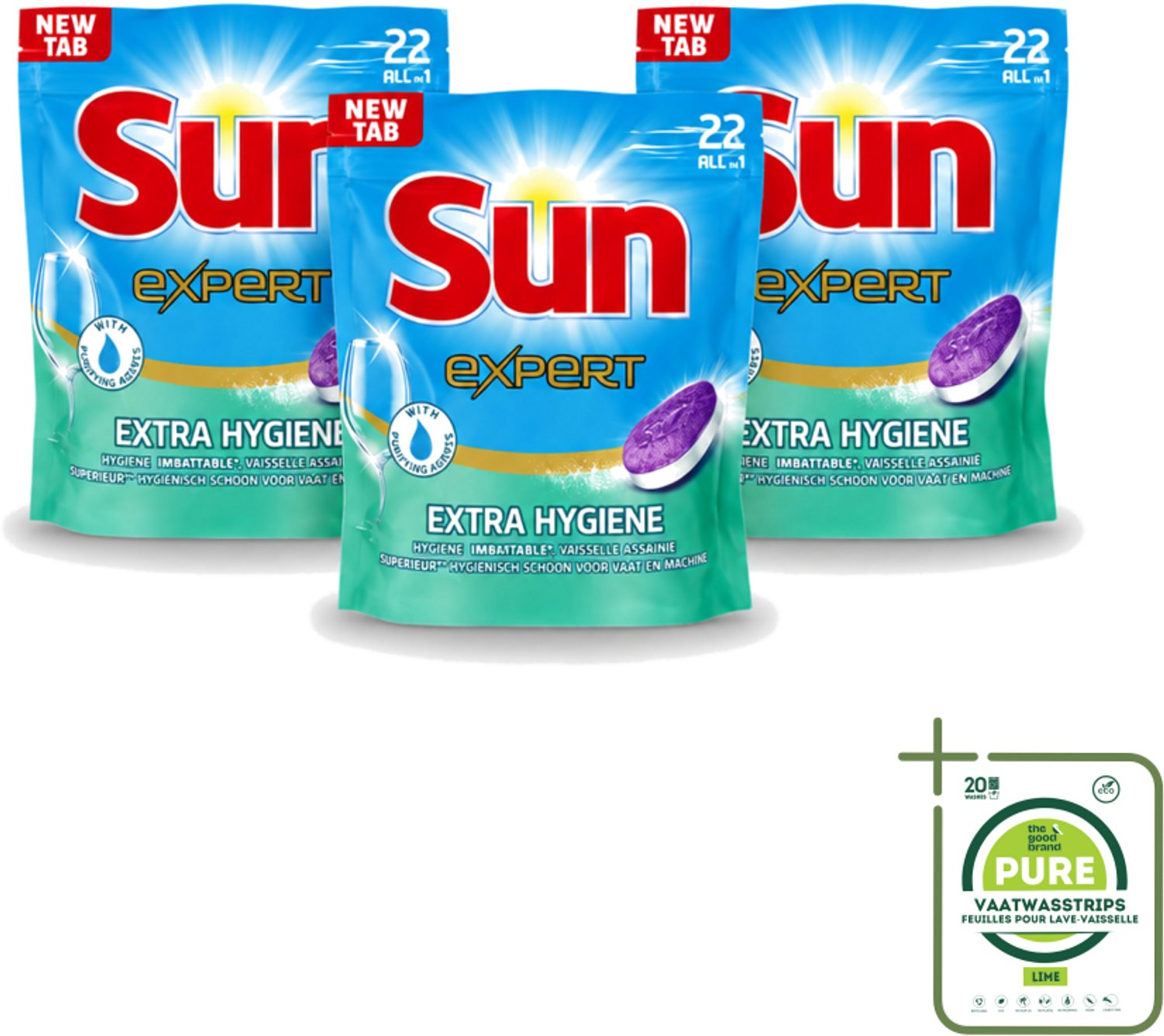 3 x Sun Expert - Extra Hygiëne - Vaatwastabletten - 22 Tabletten - Grootverpakking - Vaatwasstrips - Vaatwastabletten - Hygiëne - Vaatwasser - Reiniging - Kalk