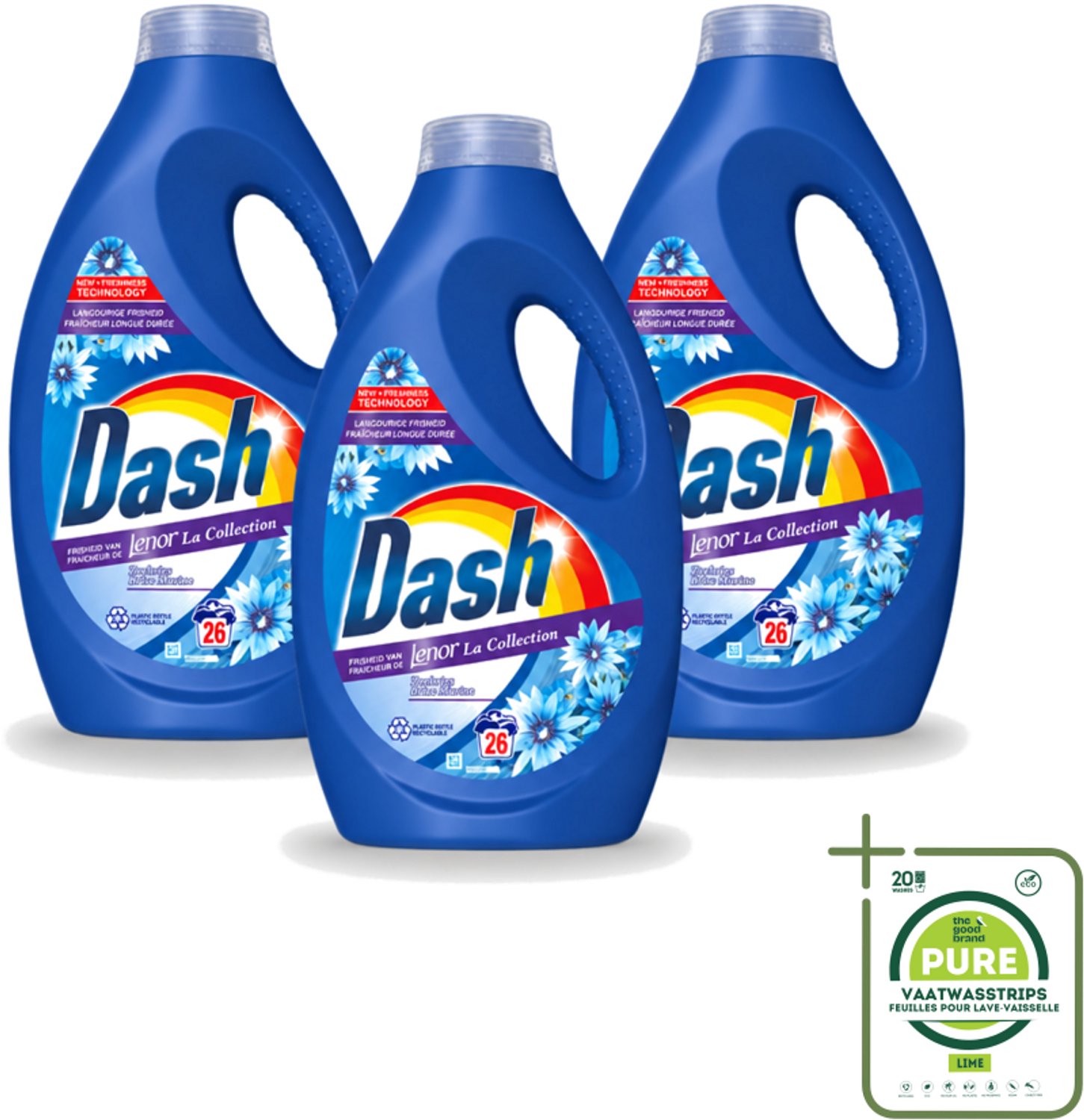 3 x Dash - Lenor Collectie - Vloeibaar Wasmiddel - Witte en Gekleurde Was - Zeebries - 26 Wasbeurten - Grootverpakking - Vaatwasstrips - Wasmiddel - Was - Wasmiddel Zeebries - Wasmiddel Frisheid - Wasmiddel Wit