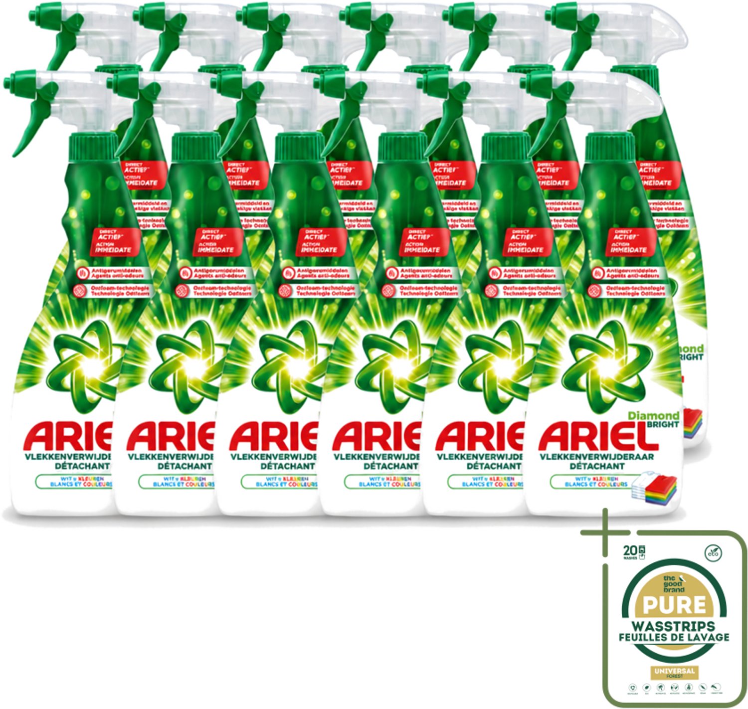 12 x Ariel Diamond Bright - Vloeibare Vlekverwijderaar - Witte en Gekleurde Was - 30 Wasbeurten - Wasstrips - Vlekverwijderaar - Wasbeurt - Witte Was - Gekleurde Was - Koud Water