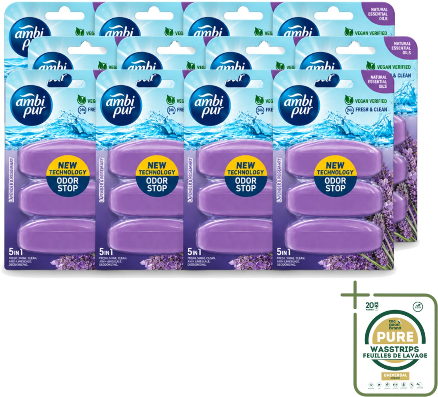 12 x Ambi Pur - Navulling Toiletblok - Lavendel & Rozemarijn - 3 Blokken - Wasstrips - Toiletblok Navulling - Reinigingsvulling - Frisse Toiletomgeving - Lavendel En Rozemarijn - Hygiëne