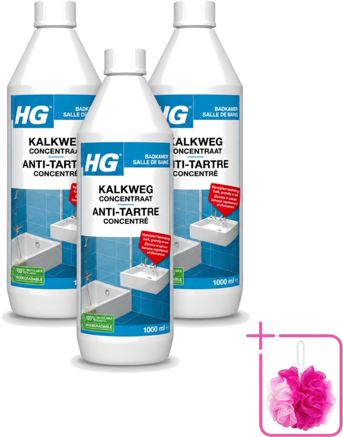 3 x HG - Badkamer - Kalkweg Concentraat - Verwijdert Hardnekkige Kalk - 1L - Bulkverpakking - Kalk weg - Douchemop - Kalk verwijderen