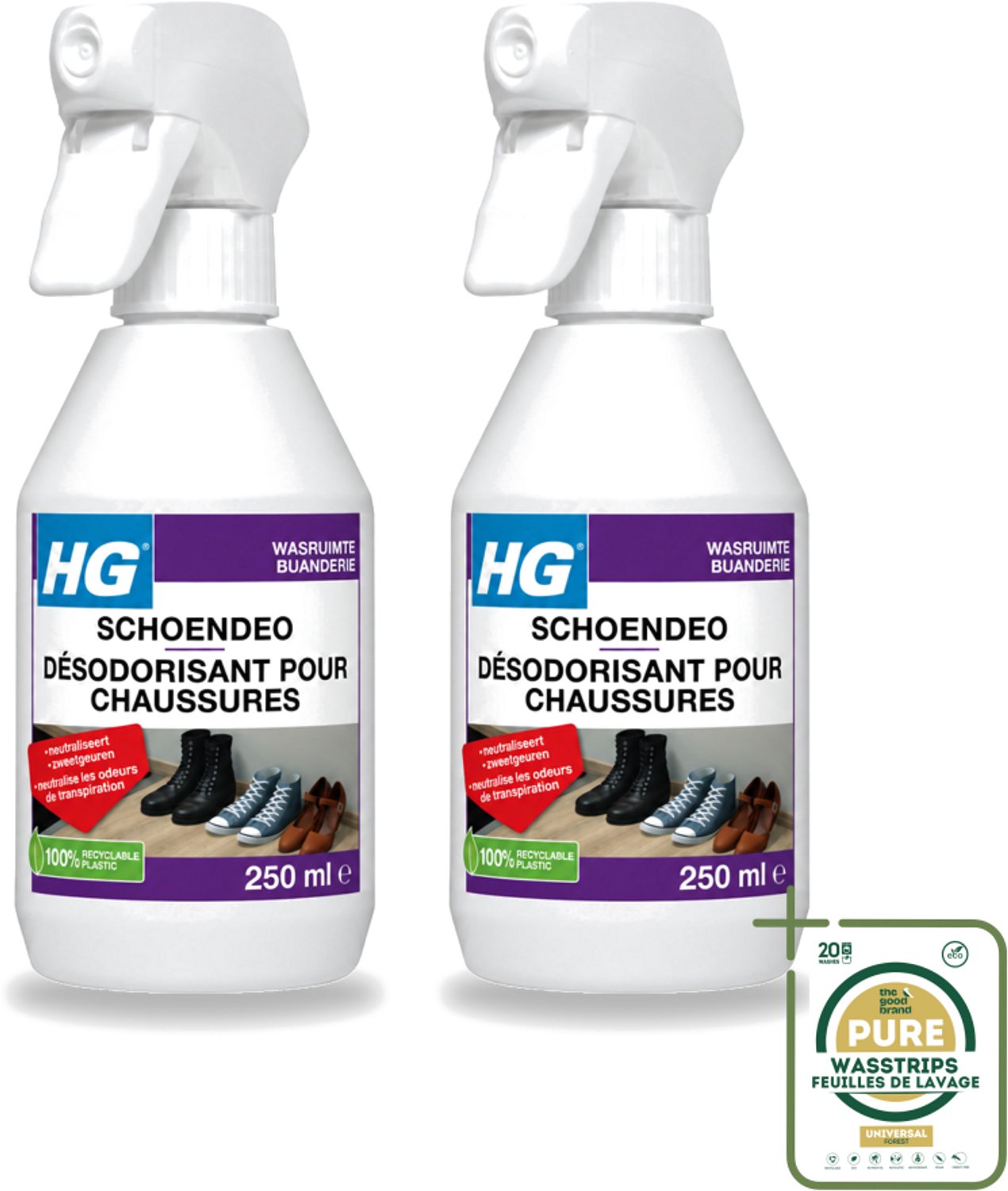 2 x HG - Schoendeo - Neutraliseert Zweetgeuren - Gemakkelijk in Gebruik - 250 ml - Wasstrips - Schoenen Geur - Transpiratiegeur - Schoendeo - Schoenen Reinigen - Schoenen Fris