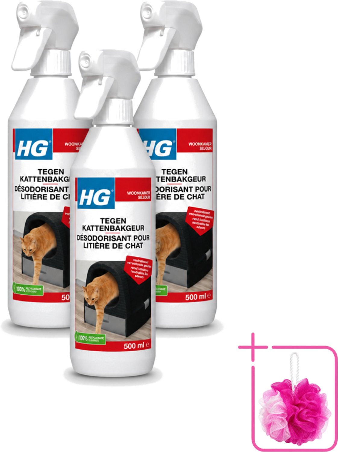 3 x HG - Tegen Kattenbakgeur - Neutraliseert Geuren - 500 ml - Bulkverpakking - Kattenbakgeur neutraliseren - Douchemop - Kattenbak stank weg