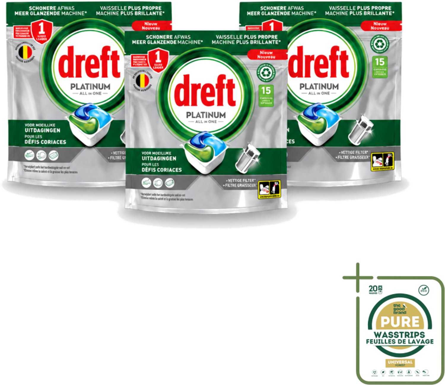 3 x Dreft – Vaatwascapsules – Platinum All-in-One – 15 Capsules - Vaatwasmiddel - Vaatwascapsule - Reinigingscapsule - Vetverwijdering - Glansspoelmiddel