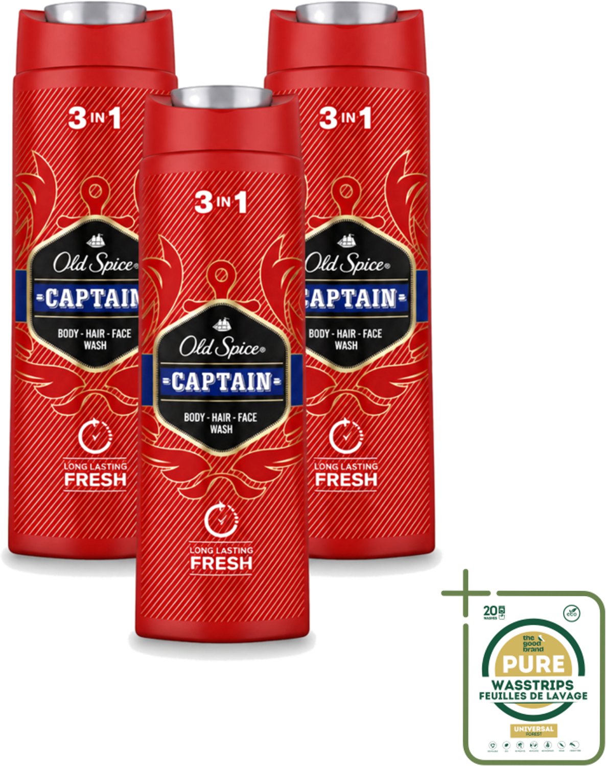 3 x Old Spice – Douchegel – Captain – 400 ml - Wasstrips - Douchegel Voor Mannen - Gezichtsreiniging - Haarreiniging - Lichaamreiniging - Fris Geur