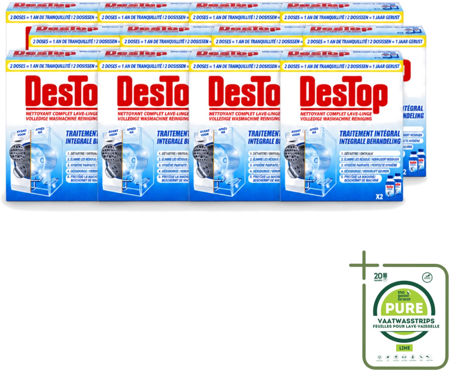 12 x Destop - Wasmachine reiniger - Integrale Behandeling - Duopack - Grootverpakking - Vaatwasstrips - Wasmachine Reiniger - Kalk Verwijderen - Wasmachine Reinigen - Wasmachine Hygiëne - Wasmachine Onderhoud