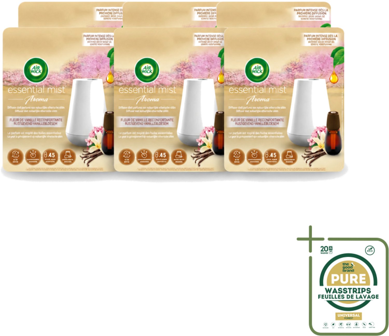 6 x Air Wick Essential Mist - Elektrische Geurverspreider - Starterkit - Rustgevende Vanillebloesem - 20ml - Wasstrips - Geurverspreider - Vanillebloesem - Rustgevende Geur - Essentiële Oliën - Warme Geur