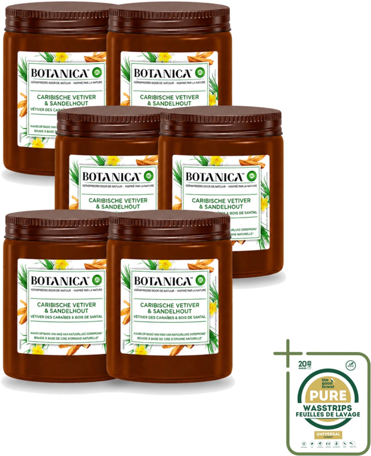 Air Wick 6 x Botanica by Air Wick - Geurkaars - Vetiver & Sandelhout - 40 Uur Brandduur - Wasstrips - Geurkaars Vetiver Sandelhout - Vetiver Geur - Sandelhout Geur - Geurkaars 40 Uur - Botanica Geurkaars Bruin