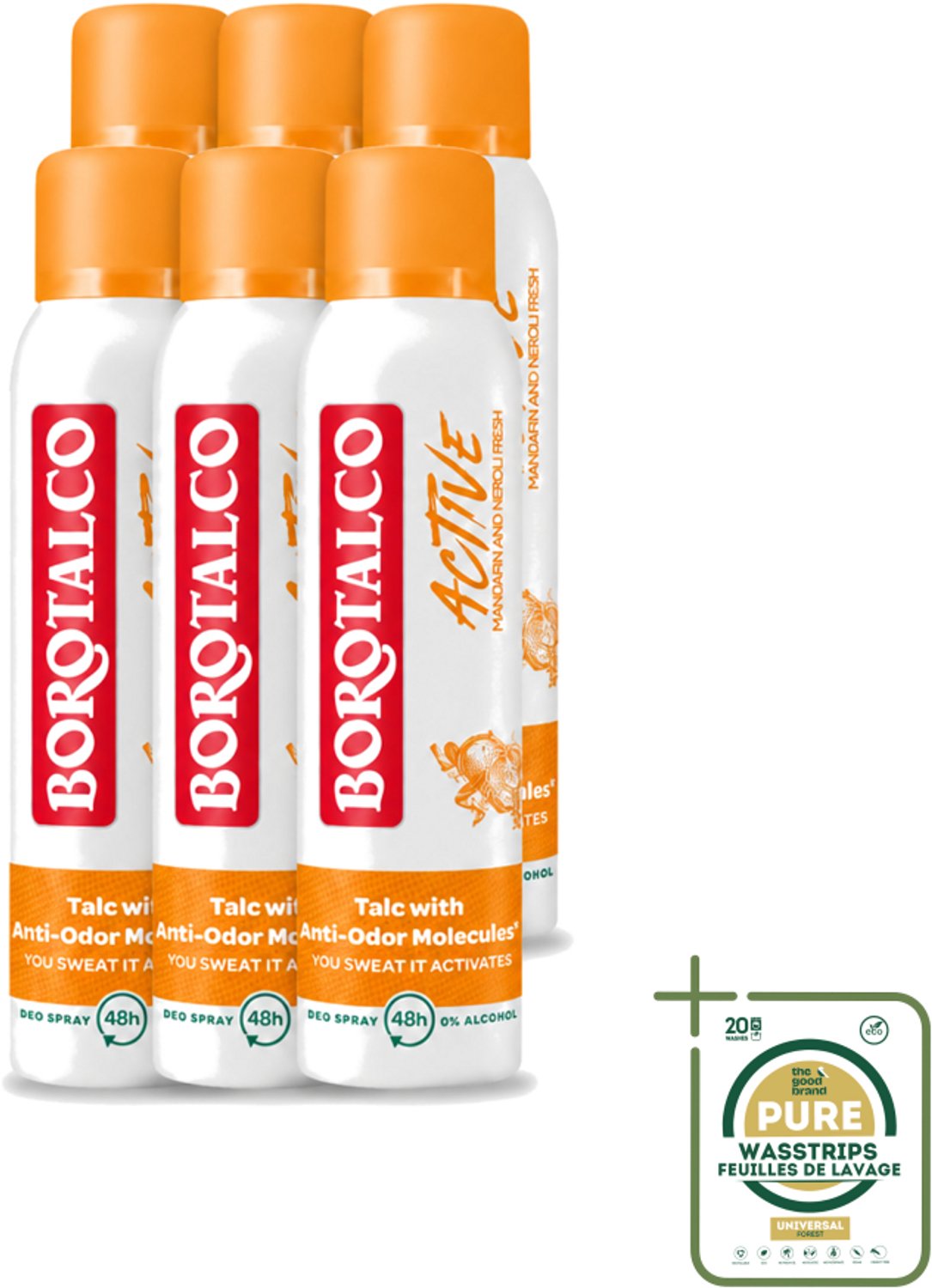6 x Borotalco - Deodorant Spray - Active - Mandarin & Neroli Fresh - 0% Alcohol - 150 ml - Wasstrips - Deodorant Spray - Mandarijn En Neroli - Geur - Transpiratie - Geurvervoeging