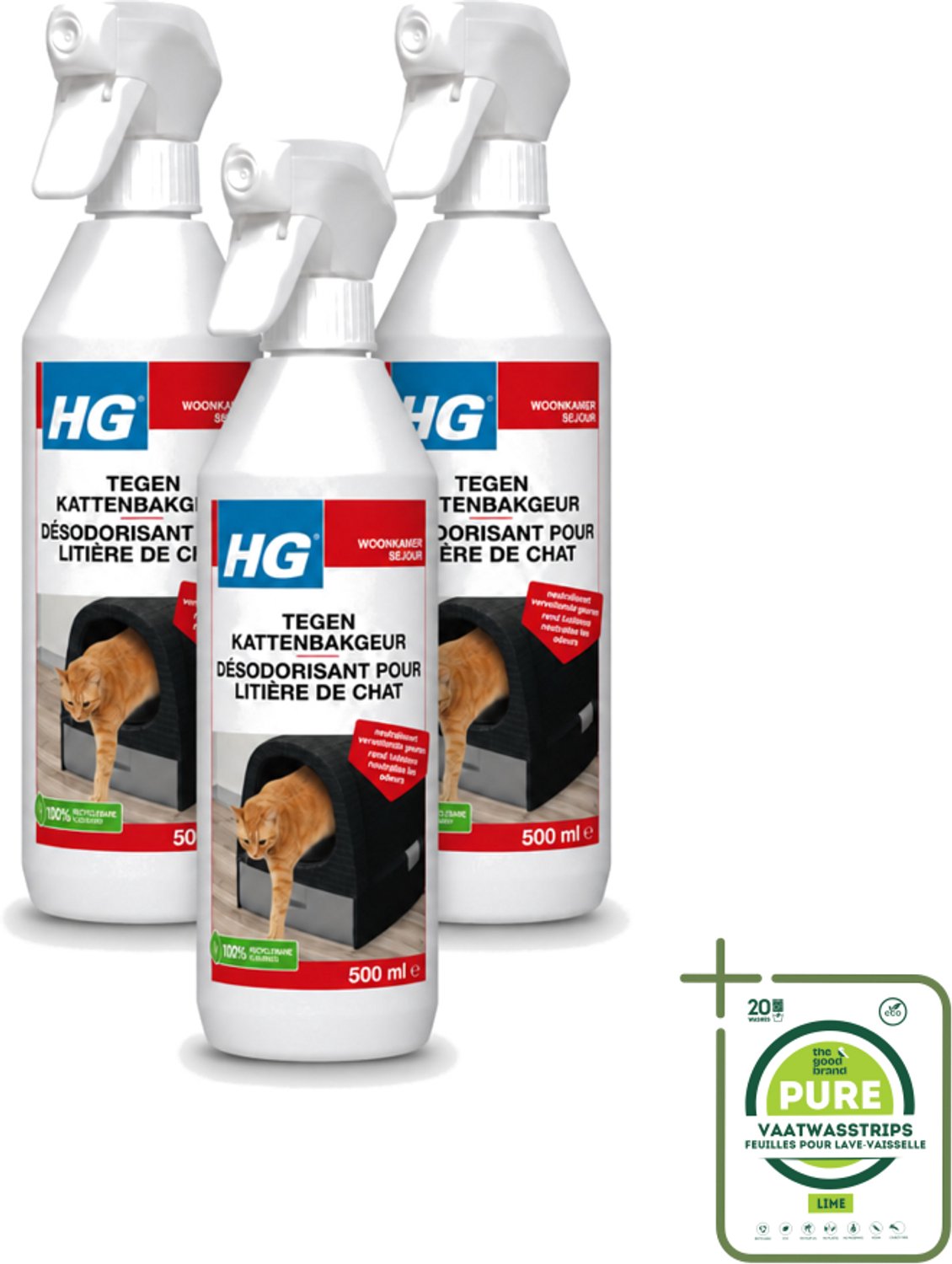 3 x HG - Tegen Kattenbakgeur - Neutraliseert Geuren - 500 ml - Grootverpakking - Vaatwasstrips - Kattenbakgeur Neutraliseren - Kattenbak Stank Weg - Geurloos Product - Kattenbak Reinigen - Kattenbak Fris Houden