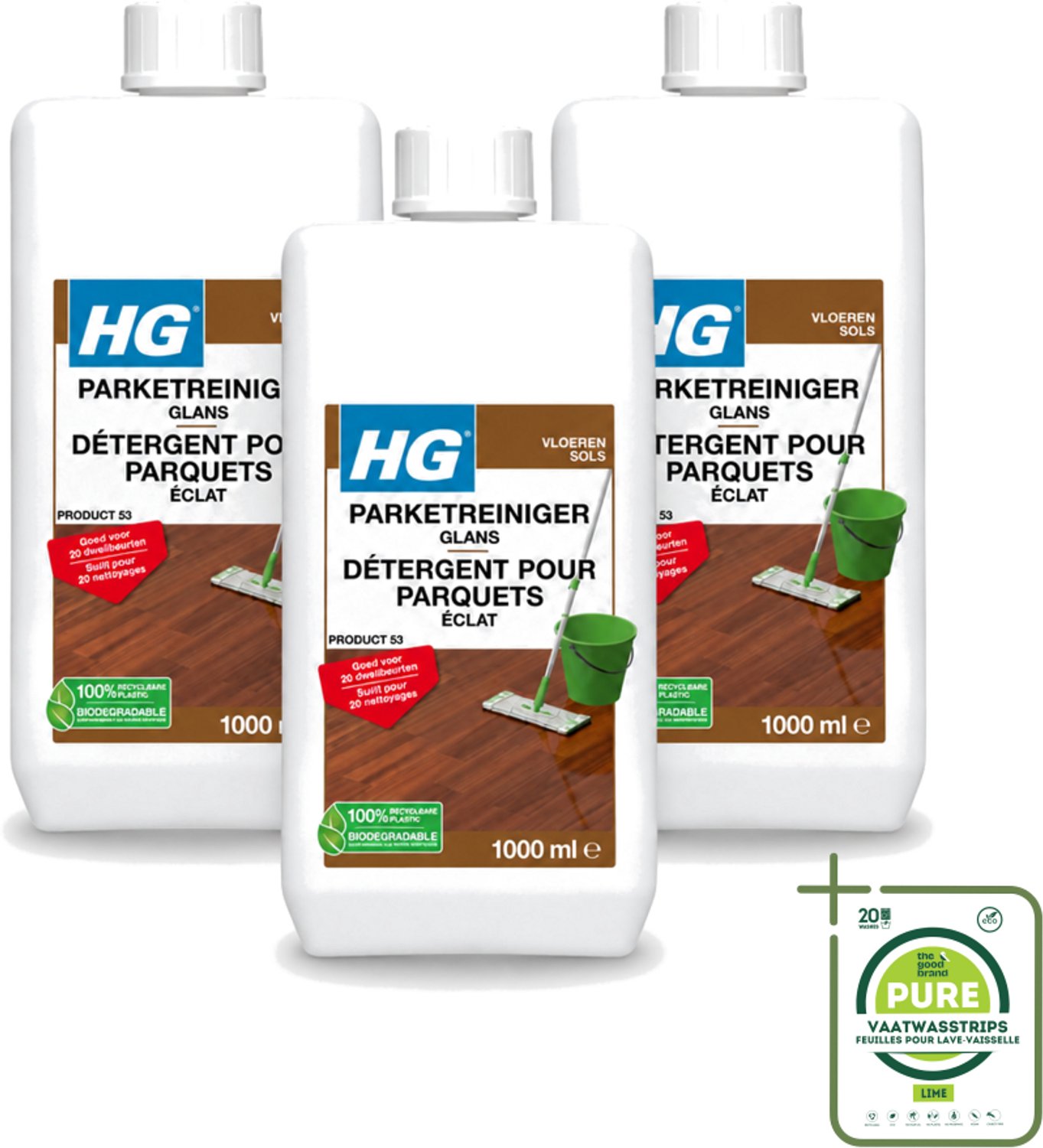 3 x HG - Vloeren - Parketreiniger Glans - 20 Dweilbeurten - 1L - Grootverpakking - Vaatwasstrips - Parket Reinigen - Parket Glans Herstellen - Parket Reiniger - Parketvloer Reinigen - Parketvloer Beschermen