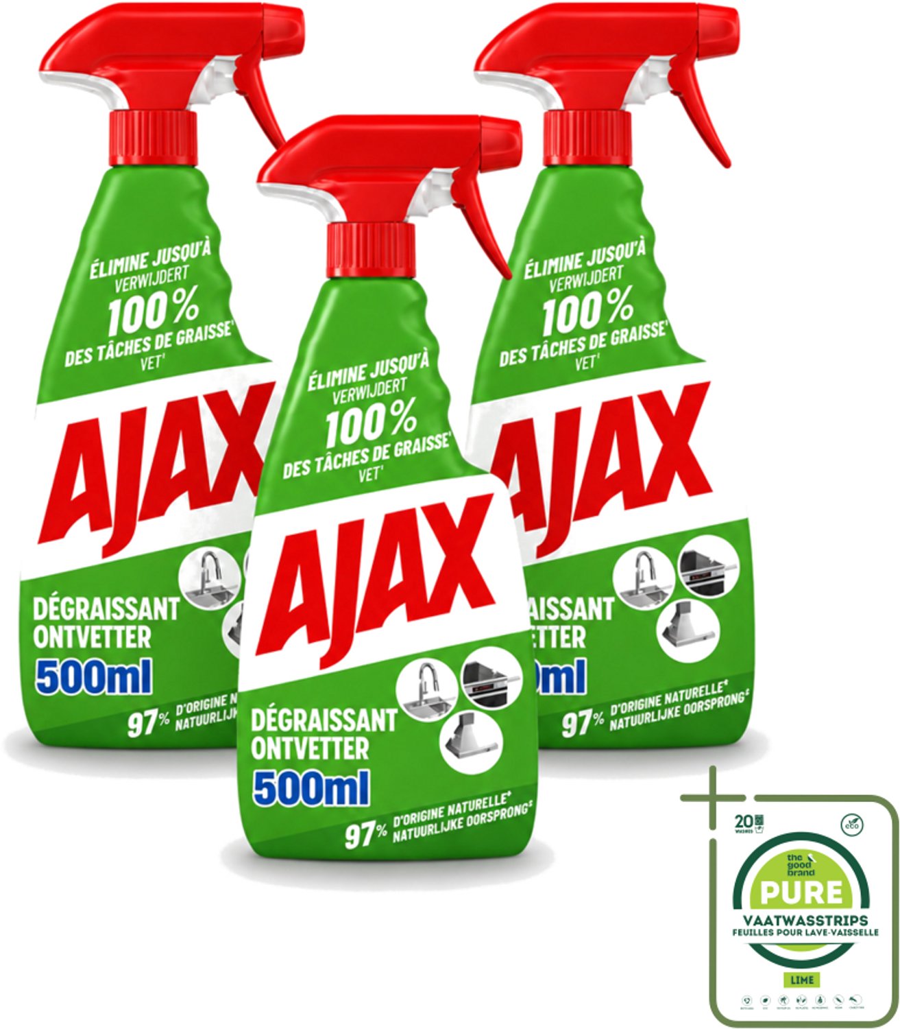 3 x Ajax – Ontvetter Spray – 500 ml - Grootverpakking - Vaatwasstrips - Ajax Ontvetter - Ontvetter Spray 500 Ml - Vet Verwijderen - Keukenreiniger - Krachtige Ontvetter