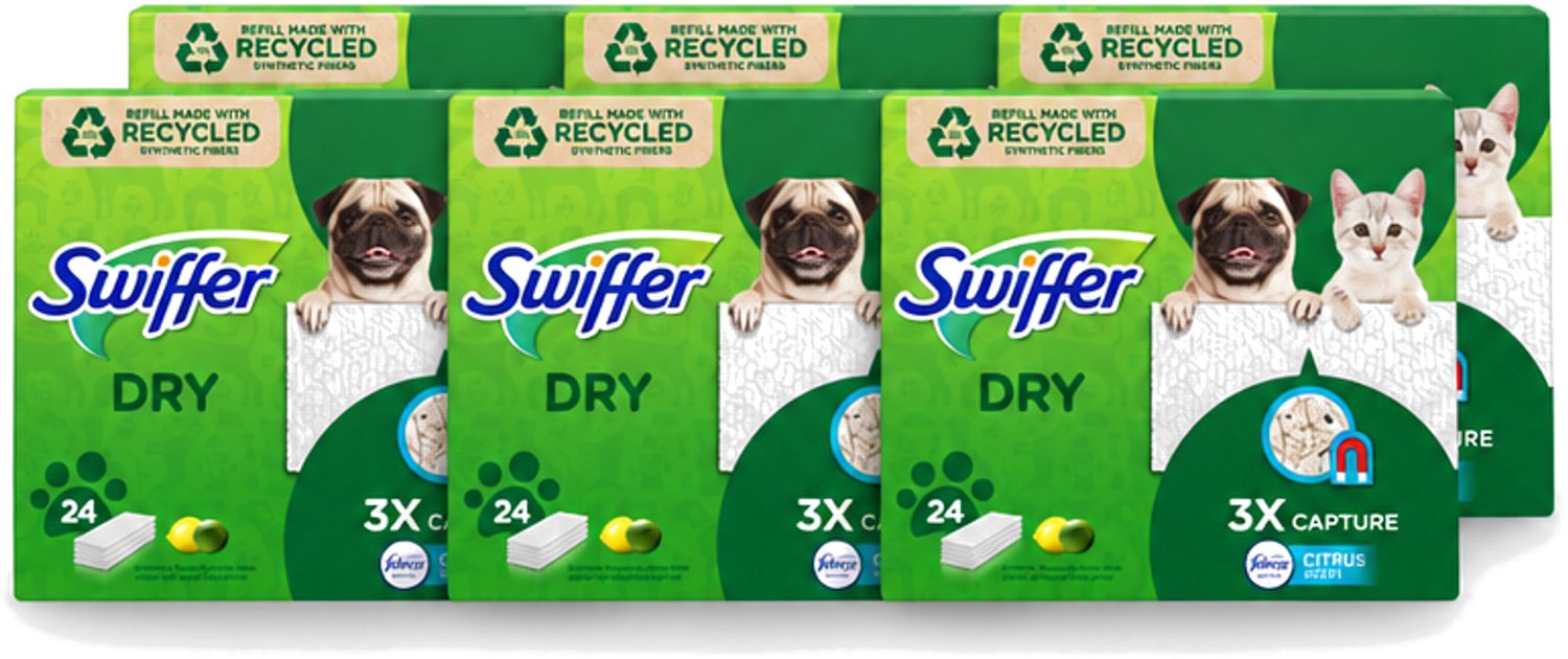 6 x Swiffer Dry - Vloerdoekjes - Navulling - Febreze Citroengeur - 24 Doekjes - Voordeelverpakking - 6 stuks
