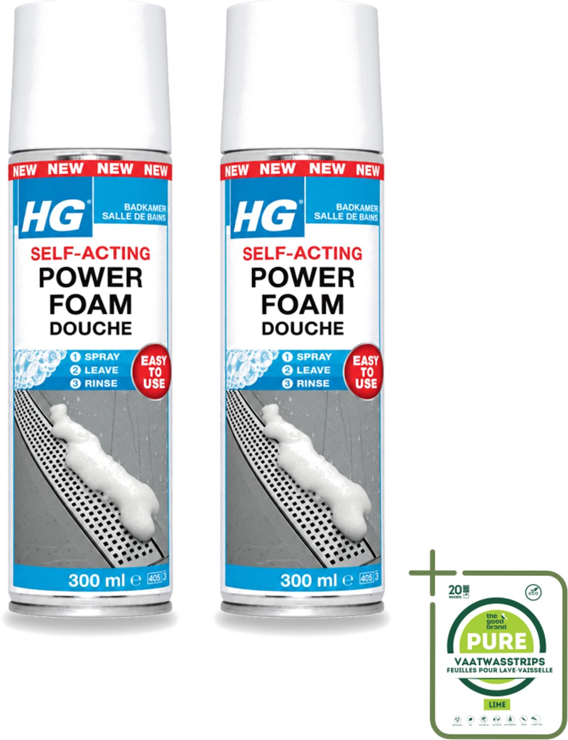 2 x HG - Badkamer - Badkamerreiniger - Power Foam Douche - Zelf-Activerend - 300 ml - Grootverpakking - Vaatwasstrips - Badkamerreiniger - Schuimreiniger - Zelf-activerend Schuim - Douche Reinigen - Kalkaanslag Verwijderen