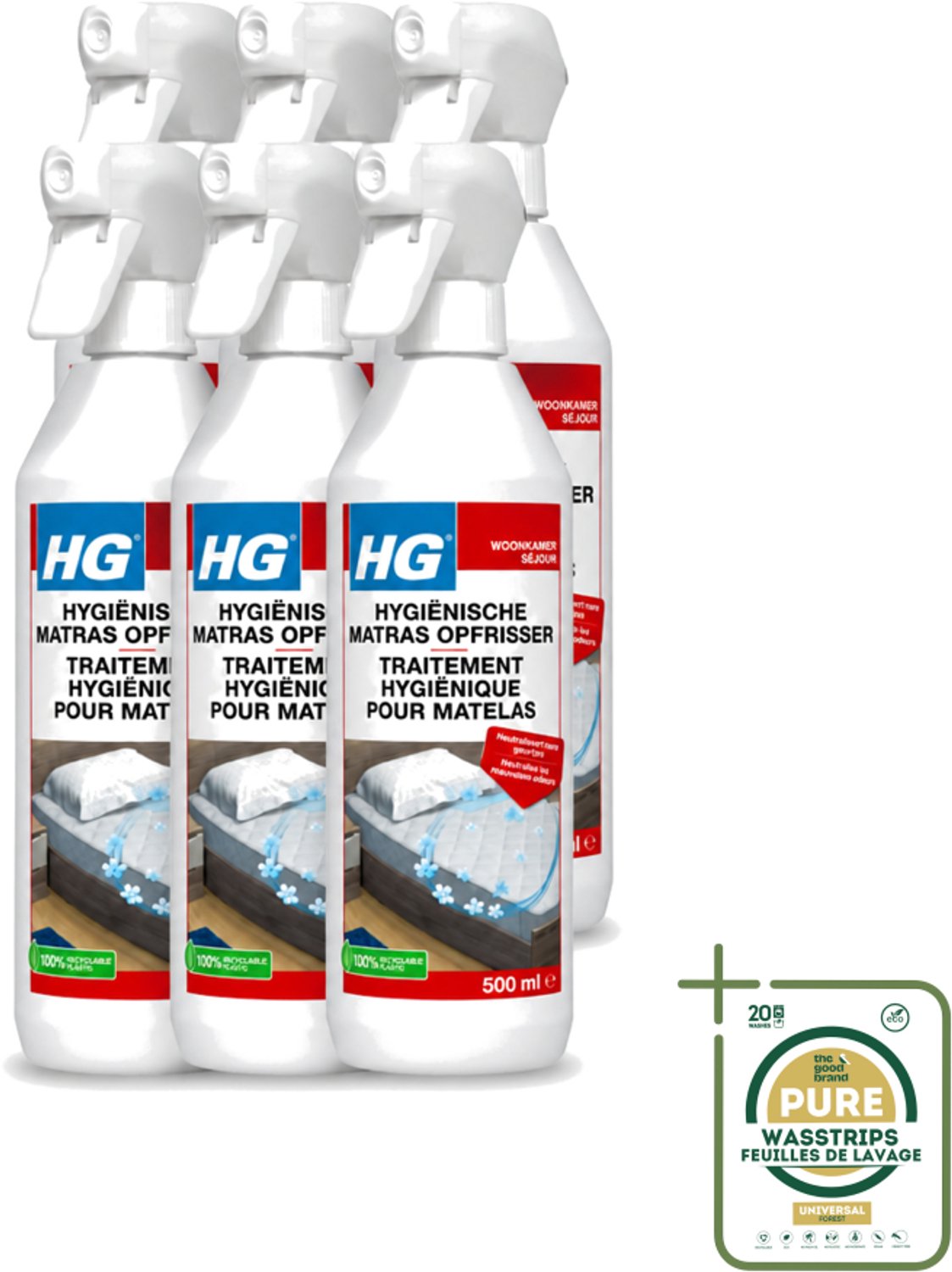 6 x HG - Hygiënische Matras Opfrisser - Werkt Na 30 Minuten - Neutraliseert Nare Geurtjes - 500 ml - Wasstrips - Matrasopfrisser - Hygiëne - Geur Verwijderen - Matras Reinigen - Enzymen