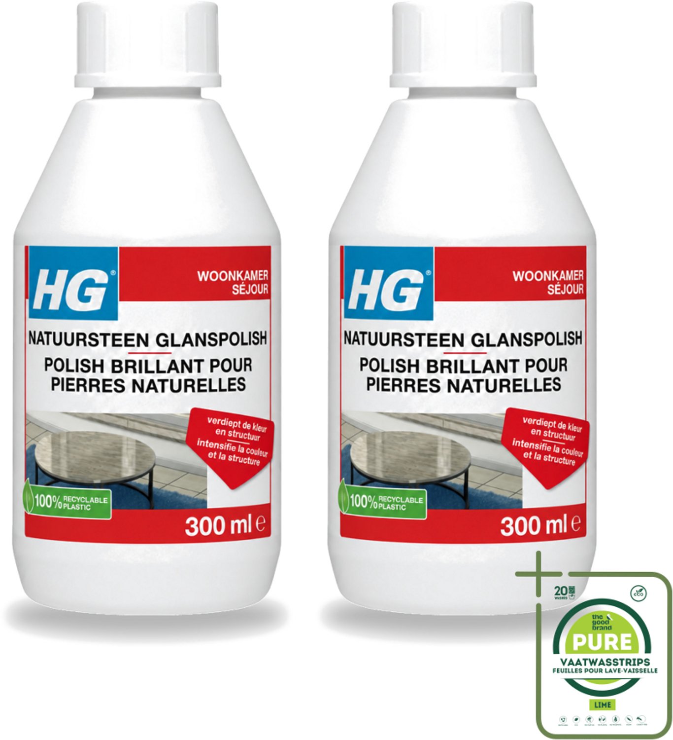 2 x HG - Natuursteen Glans Polish - Kleur & Structuur Verdiepend - 300 ml - Grootverpakking - Vaatwasstrips - Natuursteen Polish - Glanspolish - Natuursteen Onderhoud - Steen Reinigen - Steen Beschermen