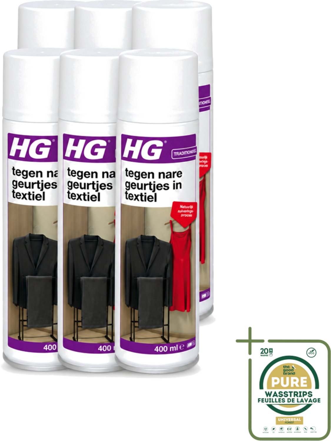 6 x HG - Tegen Nare Geurtjes In Textiel - Natuurlijk Zuiveringsproces - Veilig Voor Alle Textiel - 400 ml - Wasstrips - Geurverwijdering Textiel - Stankmoleculen Oplossen - Textiel Reinigen - Geur In Kleding - Geur In Gordijnen