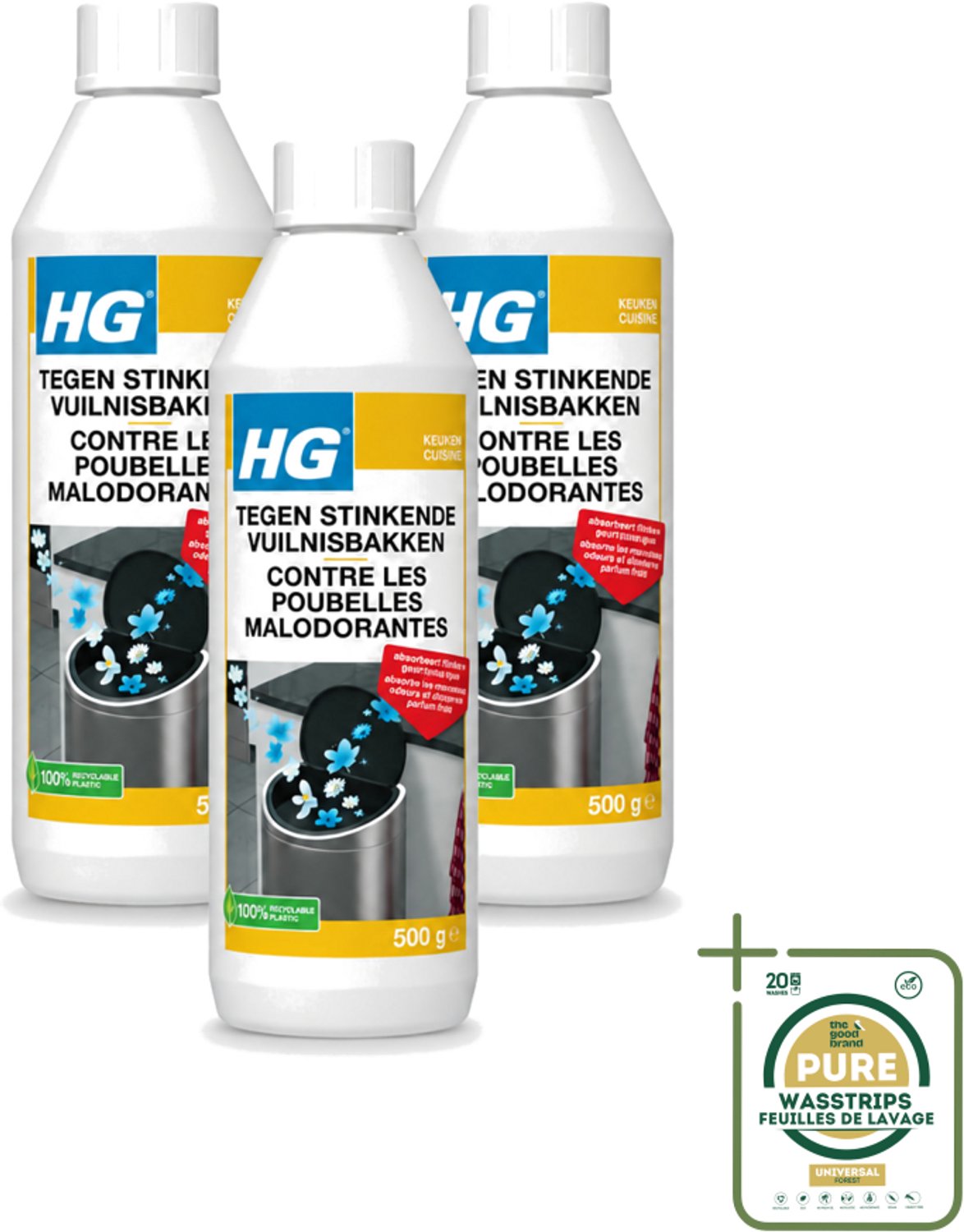 3 x HG - Tegen Stinkende Vuilnisbakken - Neutraliseert Geuren - 500 g - Stinkende Vuilnisbakken - Geurneutraliseren - Afvalgeuren - Vuilnisbak Geuren - Afvalcontainer Geuren