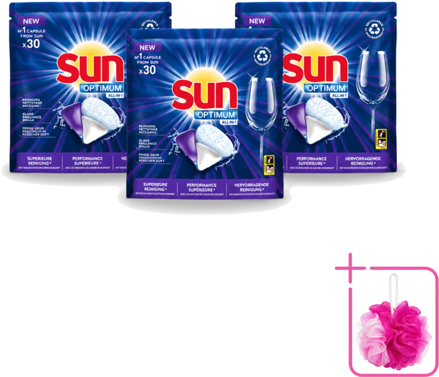 3 x Sun Optimum - All-in-1 - Vaatwasmiddel - Capsules - Maandbox - 30 Capsules - Bulkverpakking - Vaatwasmiddel - Douchemop - Vaatwasmiddel capsule