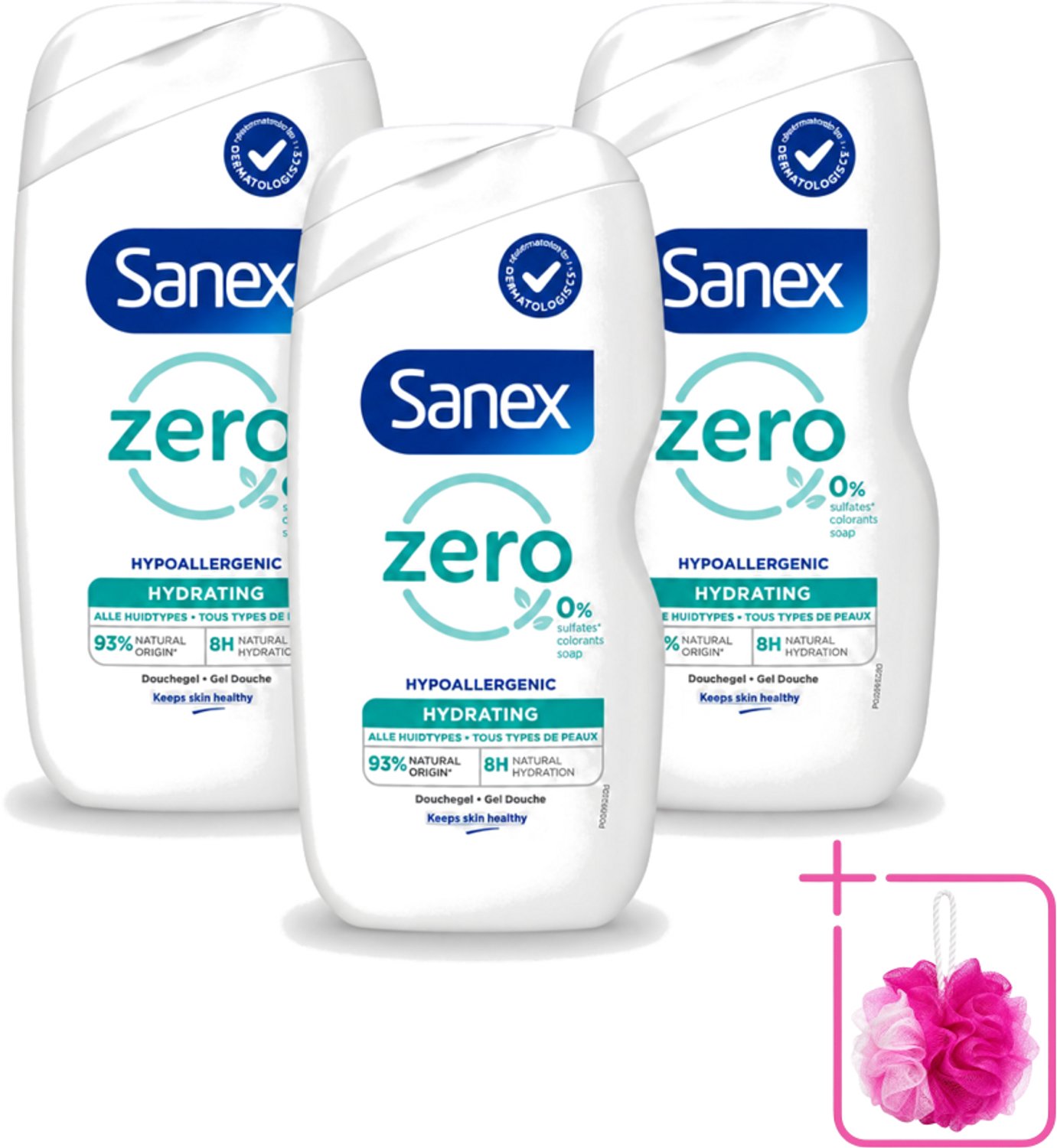 3 x Sanex Zero % - Douchegel - Hydrateert - Alle Huidtypes - 400 ml - Bulkverpakking - Douchegel - Douchemop - Huidverzorging