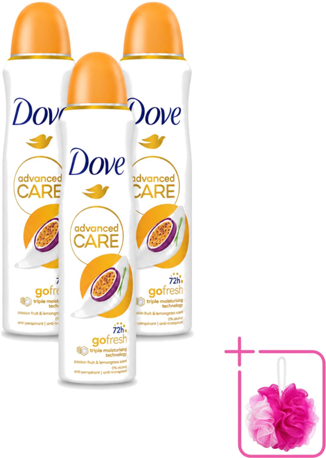 3 x Dove - Deospray - Passievrucht & Citroengras - 150 ml - Bulkverpakking - Passievrucht en citroengras - Douchemop - Anti-transpirant
