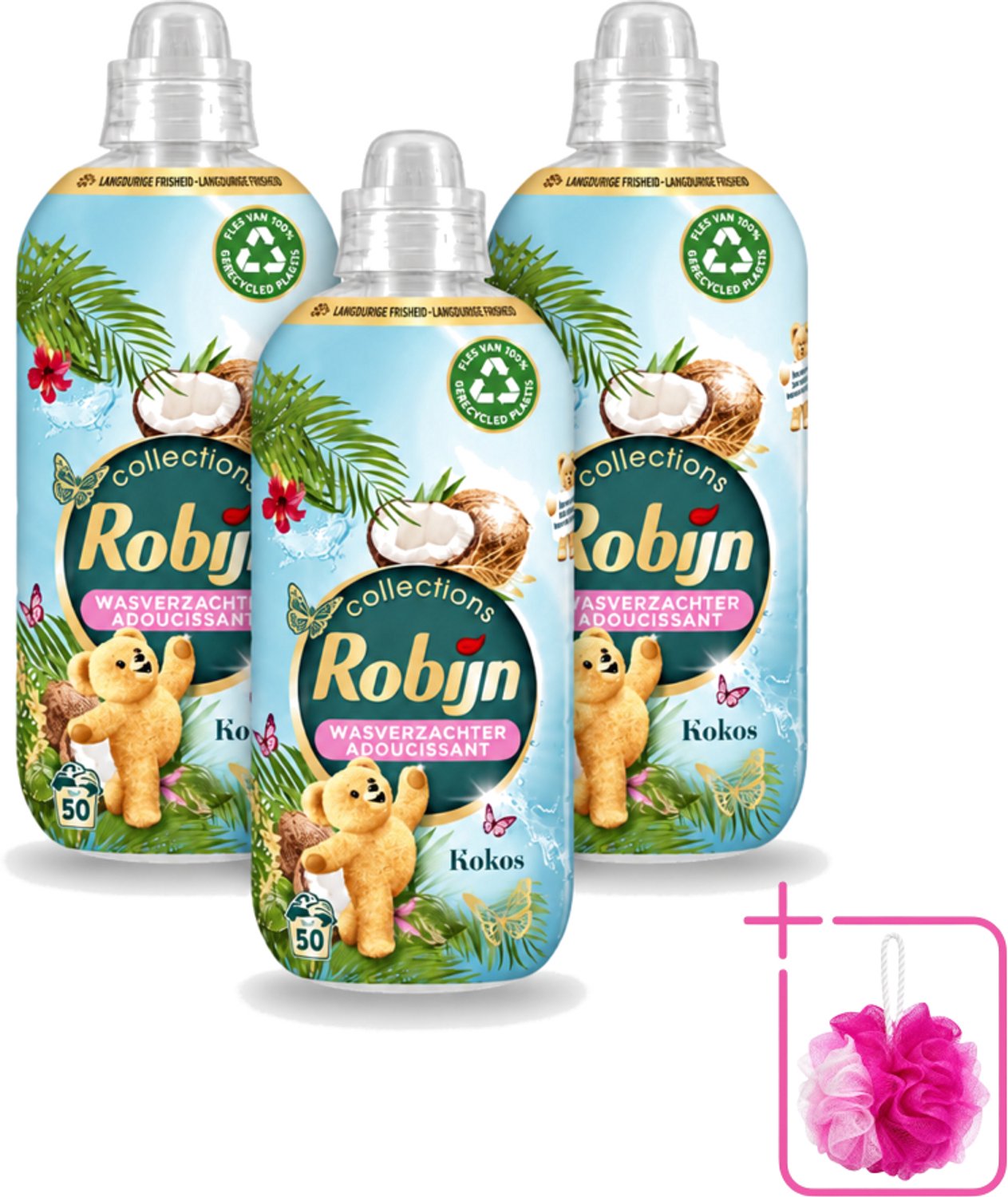 3 x Robijn Collections - Wasverzachter - Kokos - 1,25L - 50 Wasbeurten - Bulkverpakking - Wasverzachter kokos - Douchemop - Wasverzachter voor kleding