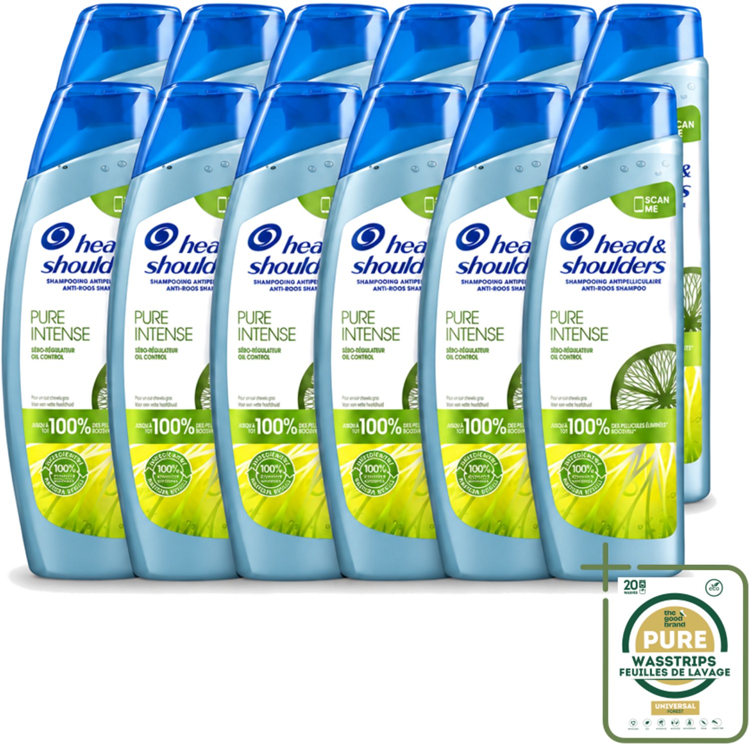 12 x Head & Shoulders - Anti-Roos Shampoo - Pure Intense - Oil Control - 250 ml - Wasstrips - Roosvrij Haar - Oliecontrole - Schone Hoofdhuid - Vet Haar - Anti-roos Shampoo