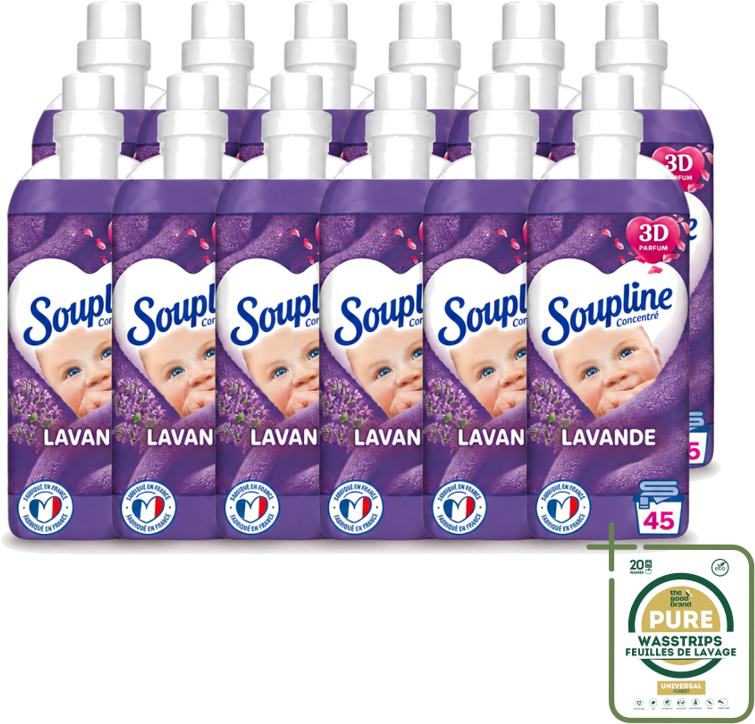 12 x Soupline - Wasverzachter - Lavendel - 45 Wasbeurten - 1L - Wasstrips - Wasverzachter - Wasgoed Verzorgen - Wasresultaat - Wasmachine - Wasverzachter Lentebloesem