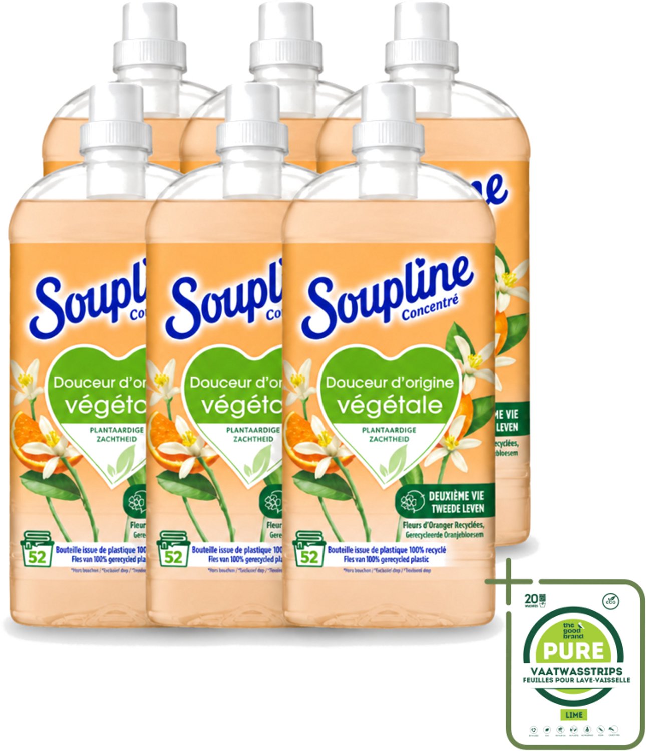 6 x Soupline - Wasverzachter - Oranjebloesem - 52 Wasbeurten - 1.3L - Grootverpakking - Vaatwasstrips - Wasverzachter - Plantaardige Zachtheid - Oranje Bloesem - Zachte Was - Natuurlijke Zachtheid