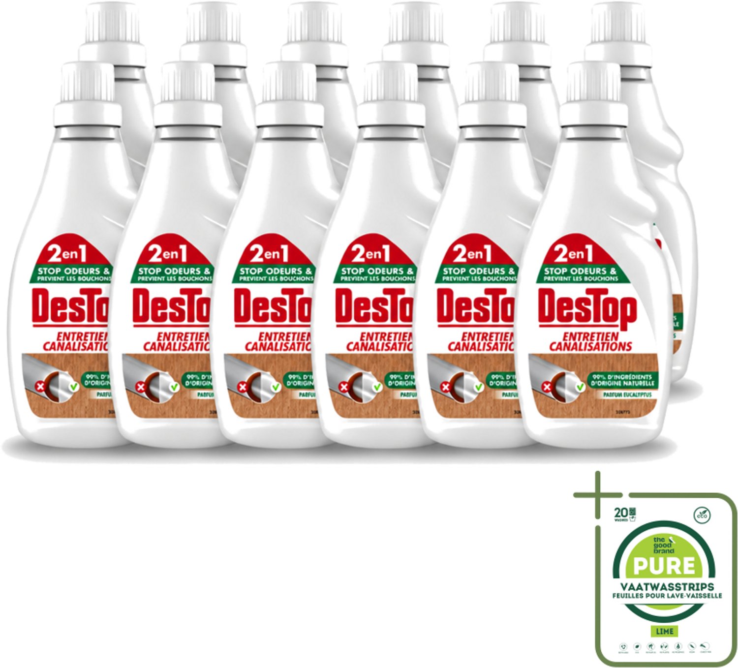 12 x DesTop - Onderhoud Leidingen - Ecologisch met Witte Azijn - Natuurlijke Ingrediënten - Eucalyptusgeur - 750 ml - Grootverpakking - Leidingen Onderhouden - Ecologisch Onderhoud - Witte Azijn - Natuurlijke Reiniging - Eucalyptusgeur