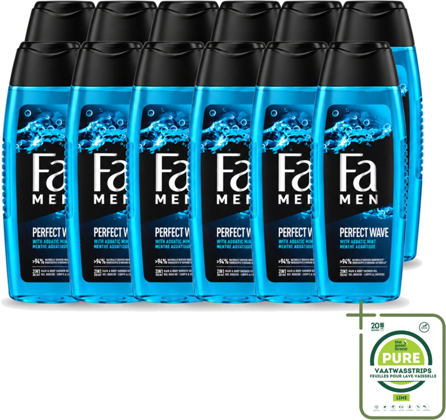 12 x Fa Men - Perfect Wave - 2 in 1 Douchegel & Shampoo - Menthol - 250 ml - Grootverpakking - Vaatwasstrips - Douchegel En Shampoo Voor Mannen - Menthol Geur - 2 In 1 Douchegel En Shampoo - Lichaam En Haar Verzorging - Verfrissende Douche