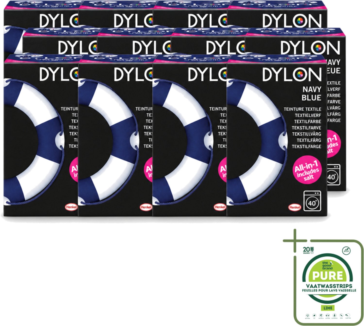 12 x Dylon - Textielverf - Navy Blue - All-in-One - Inclusief Zout - 350g - Grootverpakking - Vaatwasstrips - Textielverf - Kleding Verven - Kleurstof - Katoen Verven - Stof Verven
